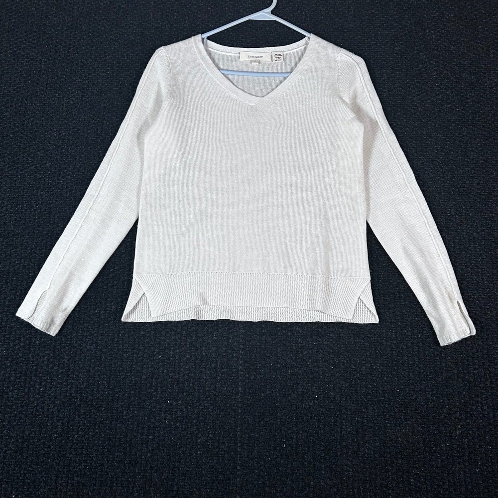 INHABIT Women's Linen Cashmere Blend White V Neck Sweater Pullover Small Petite‎